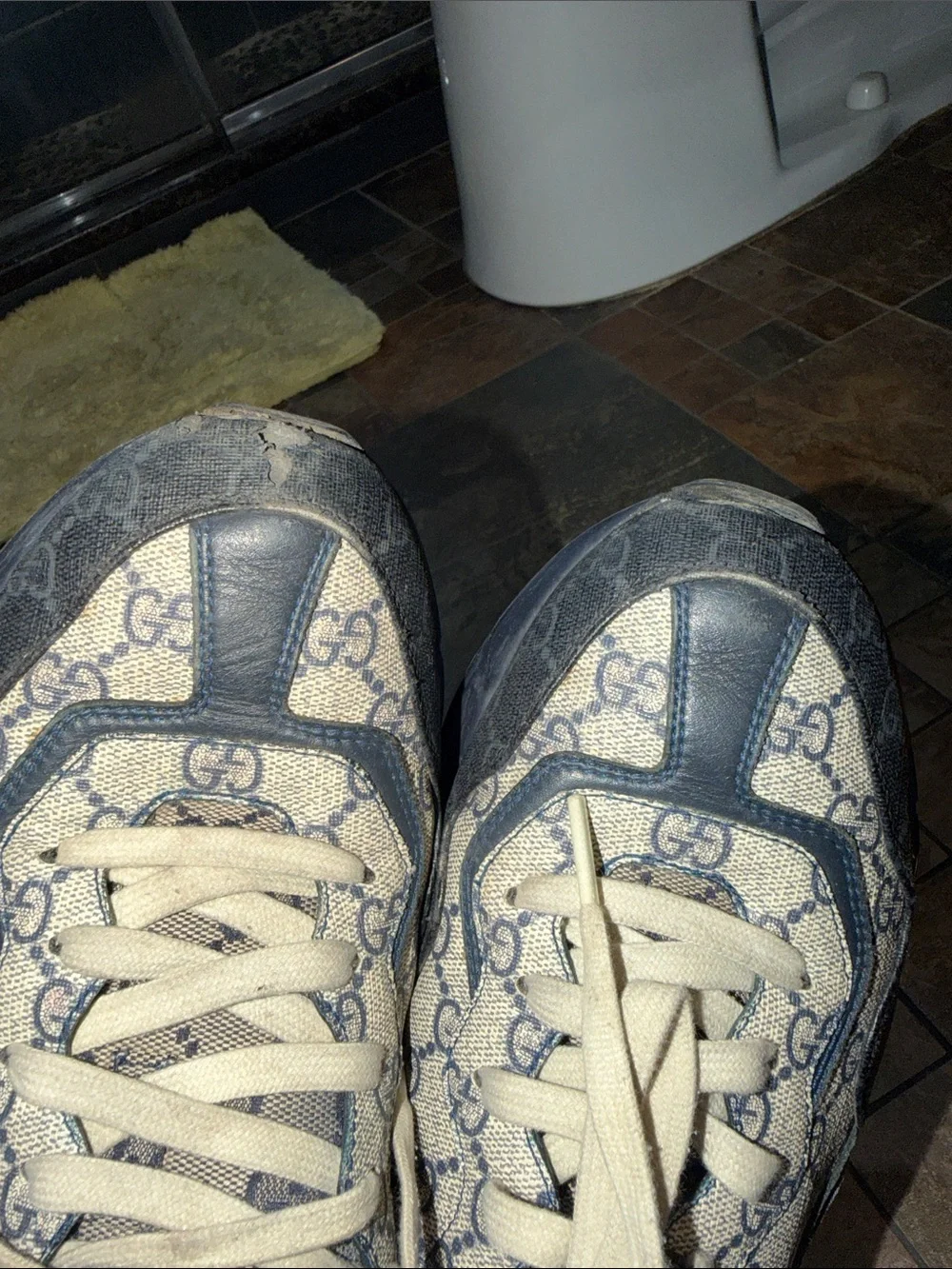 Gucci Beige Canvas GG Logo Sneakers with Navy Trim